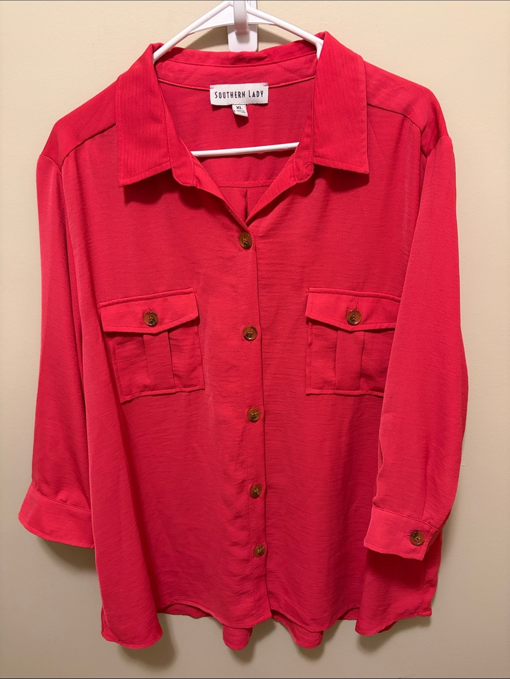Southern Lady Coral-Red Button-Front Utility Blouse